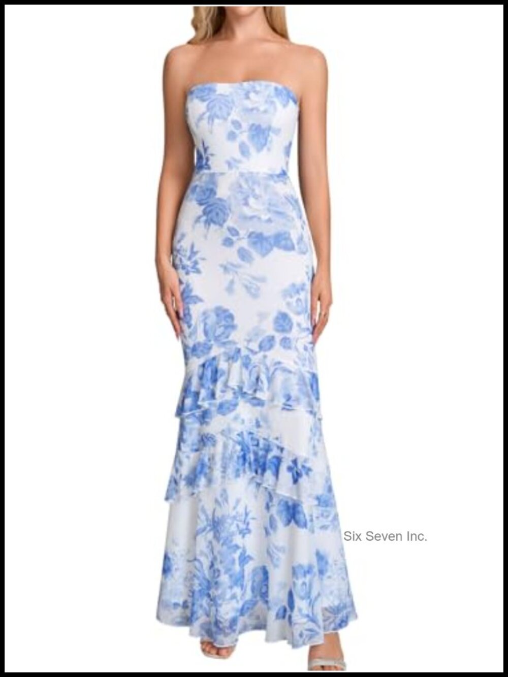 Strapless Mermaid Maxi Dress Floral Formal Gown Lightweight Ruffled